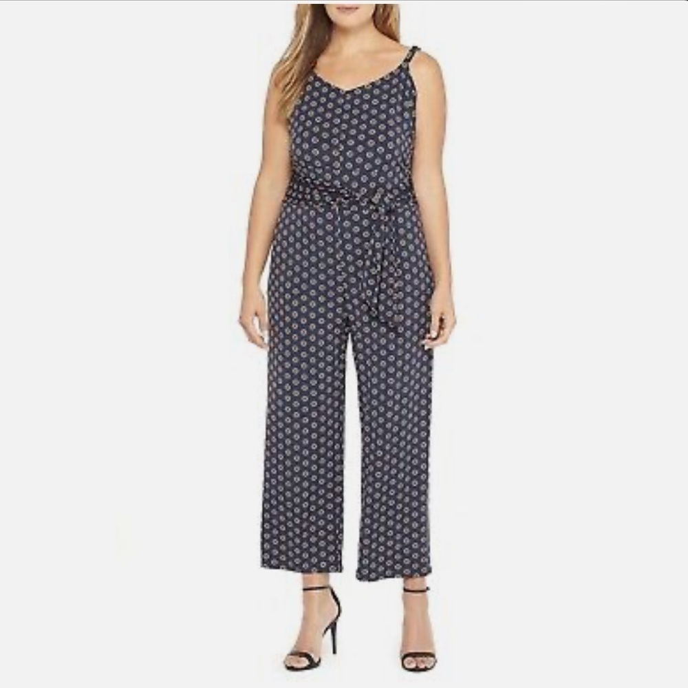 The Limited Jumpsuit Navy Blue Floral Print Tie Waist Sleeveless